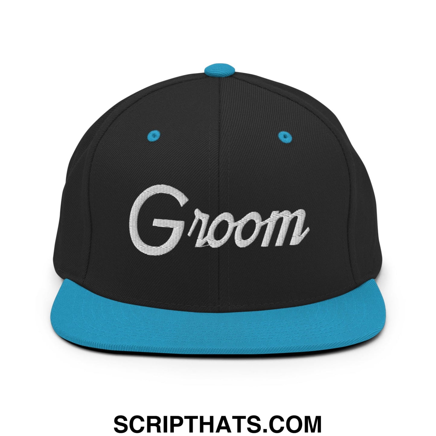 Groom sports script embroidered flat bill snapback hat in black with teal brim and button featuring white groom text