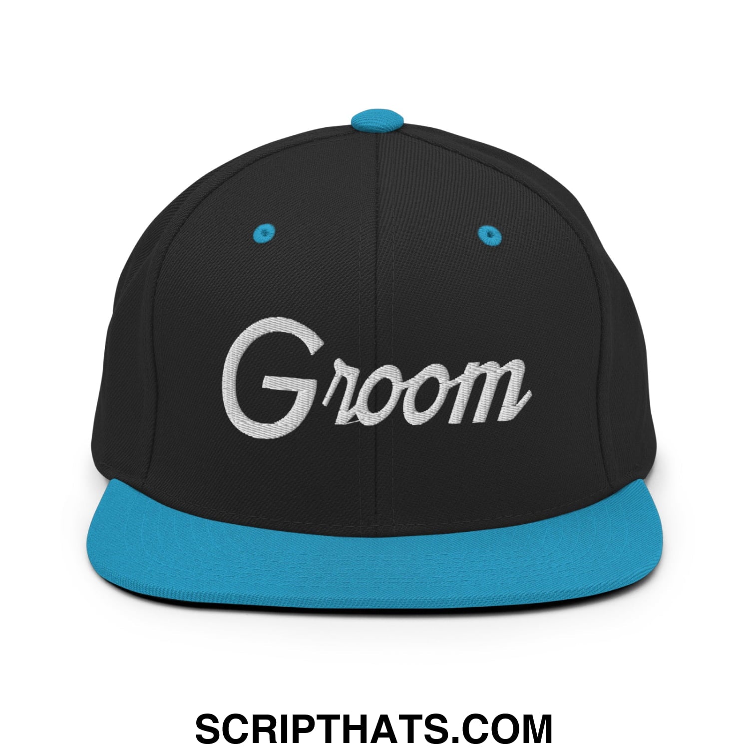 Groom sports script embroidered flat bill snapback hat in black with teal brim and button featuring white groom text