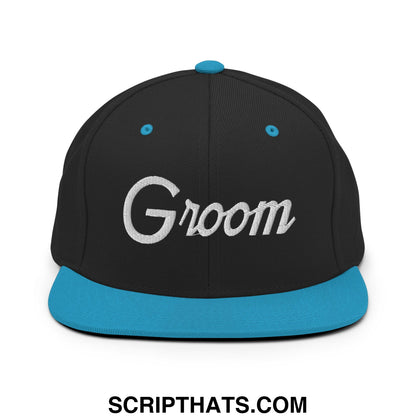 Groom sports script embroidered flat bill snapback hat in black with teal brim and button featuring white groom text