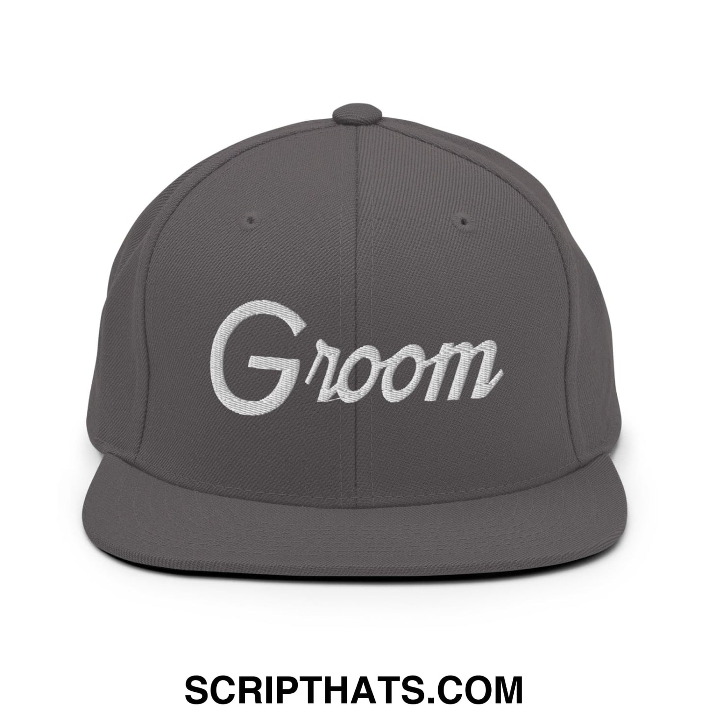 Gray snapback cap with white embroidered groom script on the front featuring a flat bill brim design