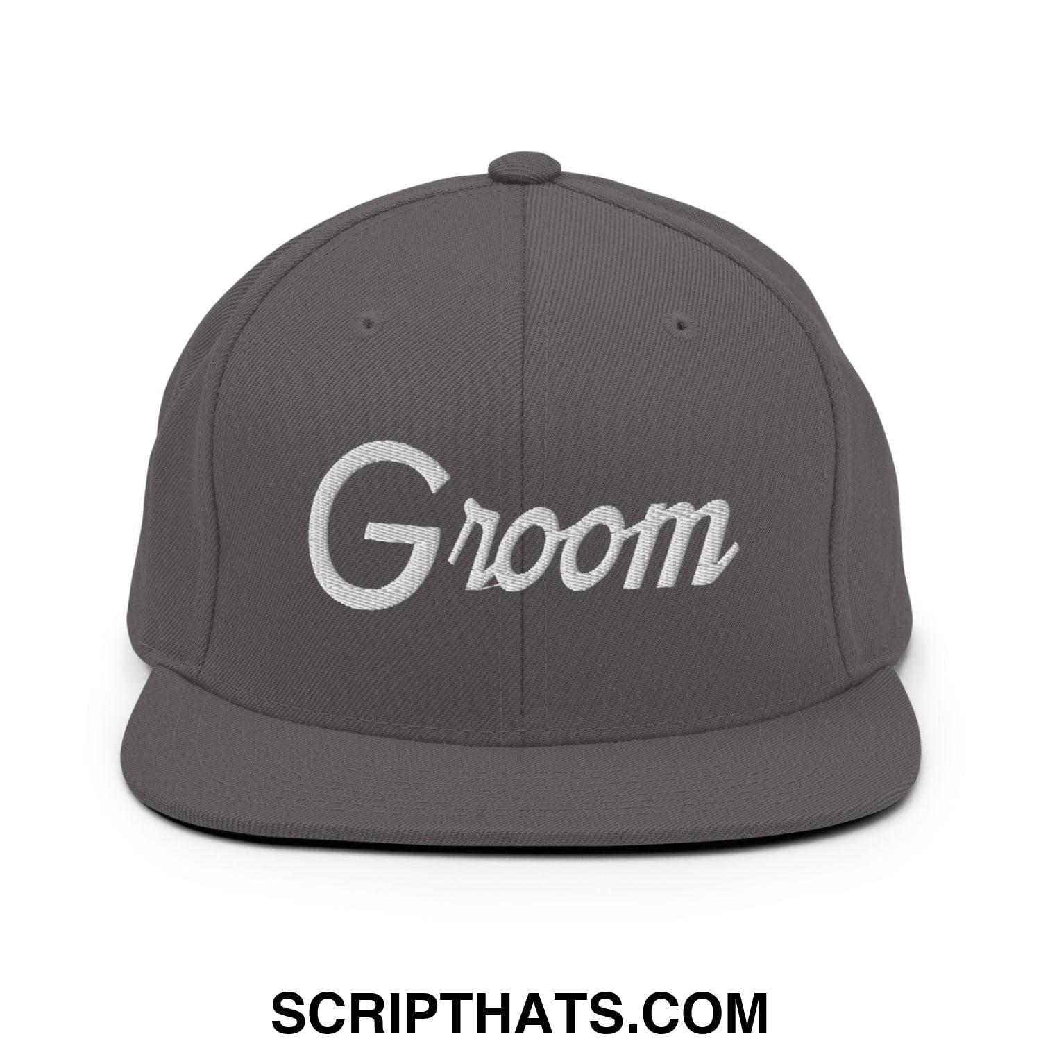 Gray snapback cap with white embroidered groom script on the front featuring a flat bill brim design