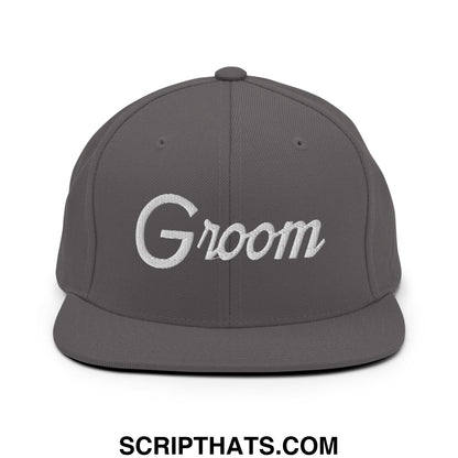 Gray snapback cap with white embroidered groom script on the front featuring a flat bill brim design