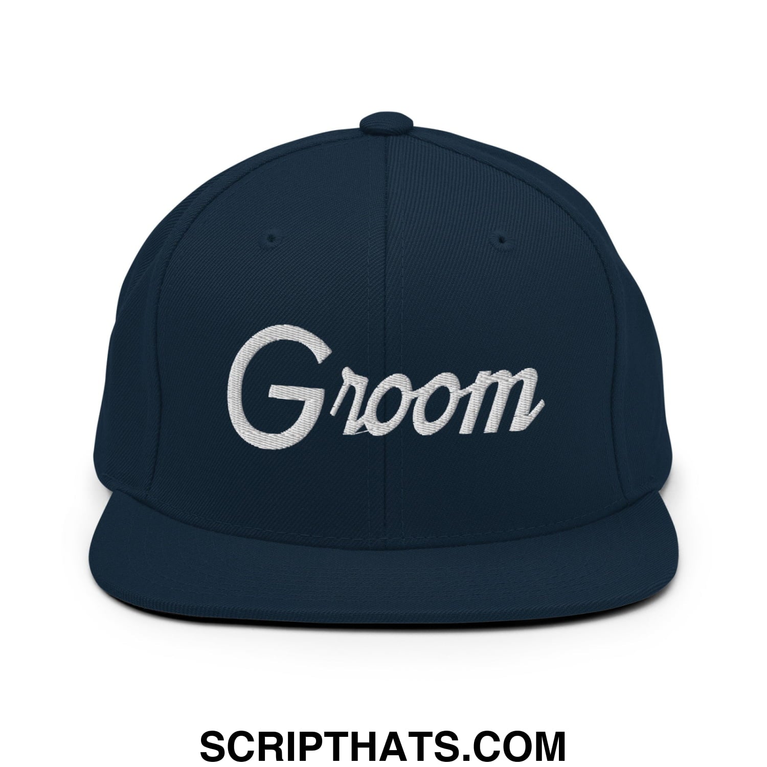 Navy blue snapback cap with white embroidered groom script and flat bill brim for wedding sportswear