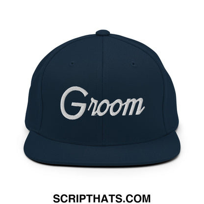 Navy blue snapback cap with white embroidered groom script and flat bill brim for wedding sportswear