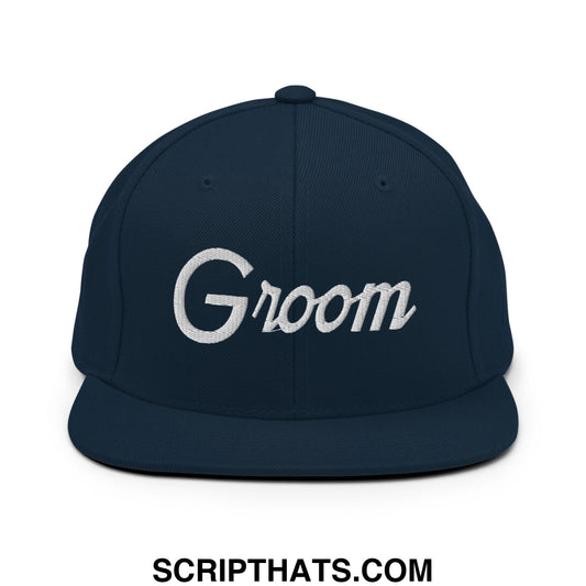 Groom Sports Script Embroidered Flat Bill Brim Snapback Hat Dark Navy