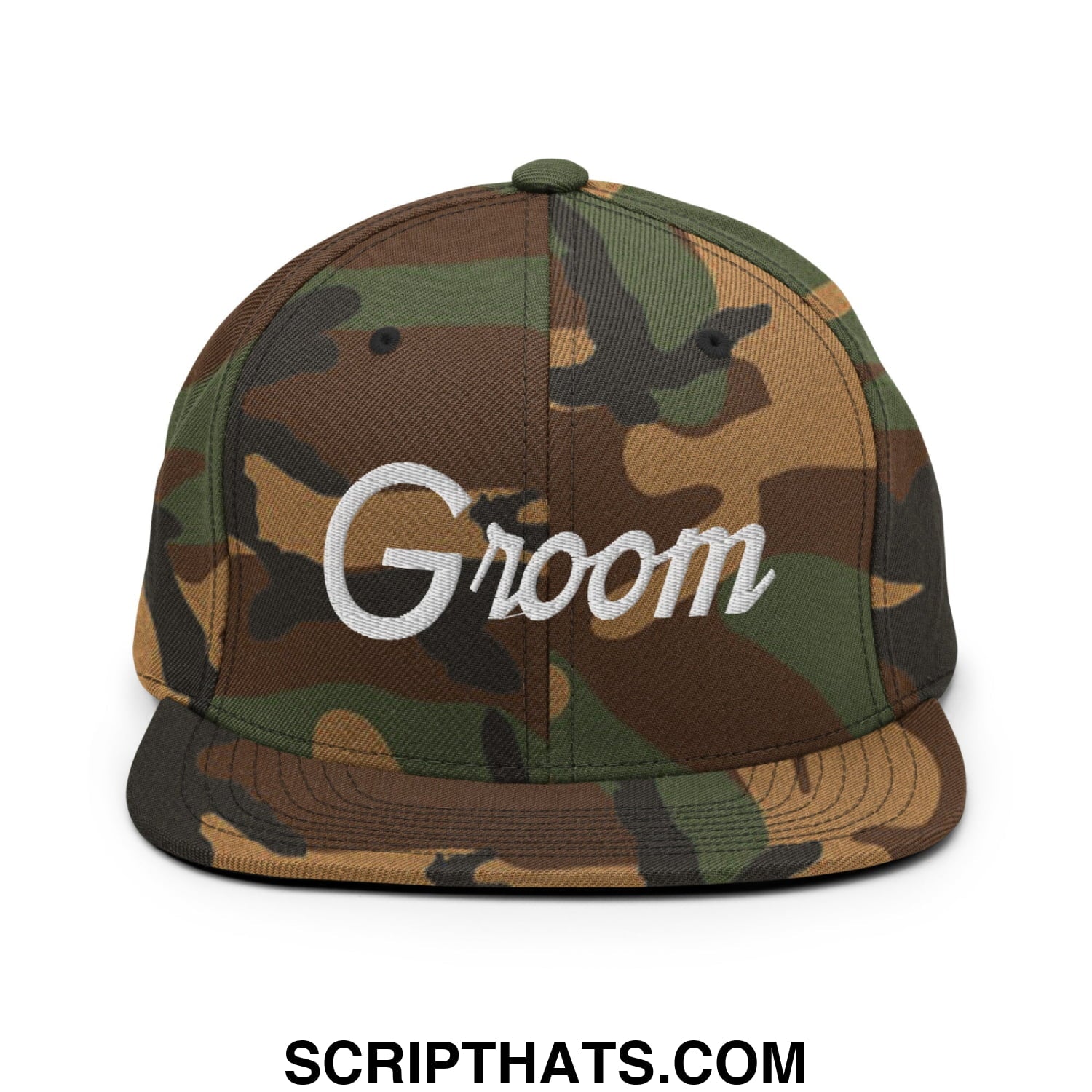 Camouflage snapback hat with flat bill brim and groom sports script embroidered in white on front panel