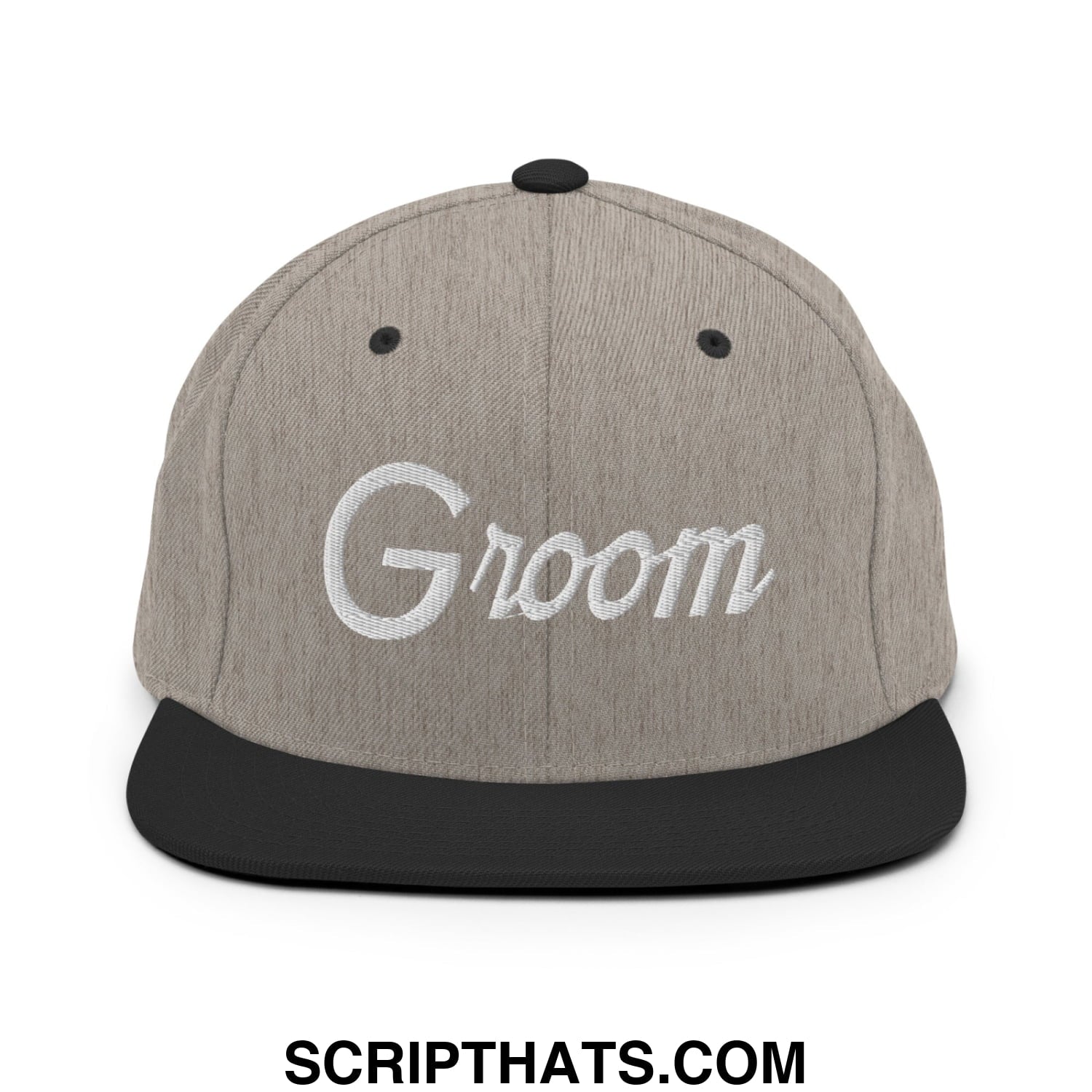 Gray and black snapback hat with white embroidered groom script on the front flat bill brim design