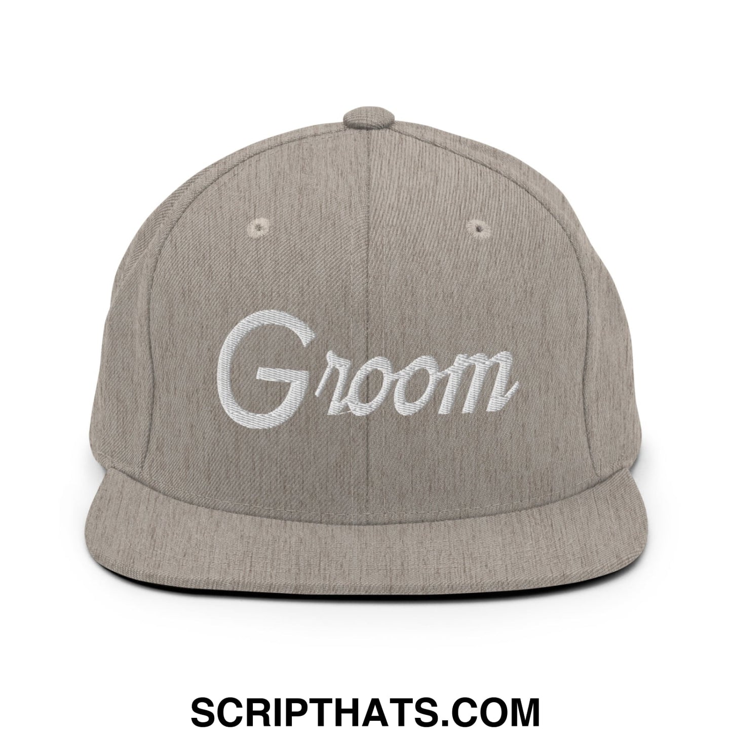 Gray snapback hat with white embroidered groom sports script and a flat bill brim for wedding day use