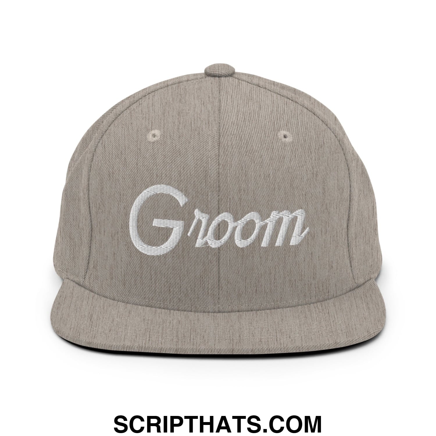 Gray snapback hat with white embroidered groom sports script and a flat bill brim for wedding day use