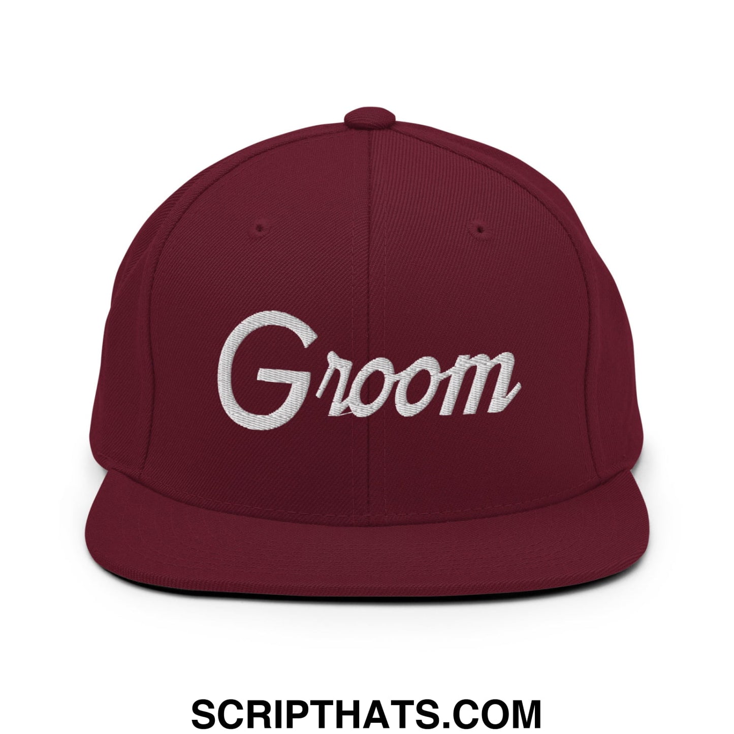 Maroon snapback hat with white groom script embroidery and flat bill brim for sports and casual wear