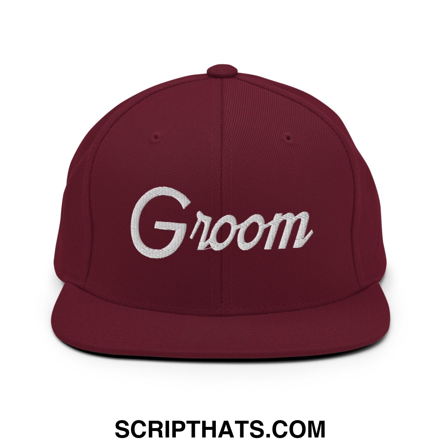 Maroon snapback hat with white groom script embroidery and flat bill brim for sports and casual wear
