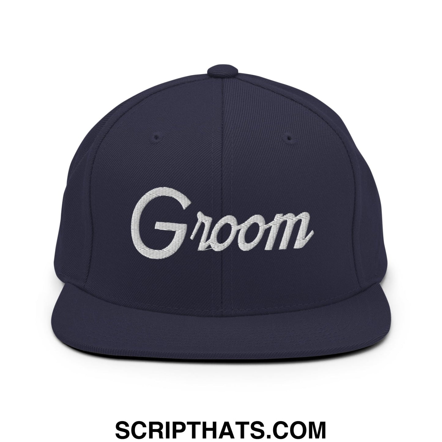 Navy blue snapback cap with white embroidered groom script on the front and flat bill brim for sports use