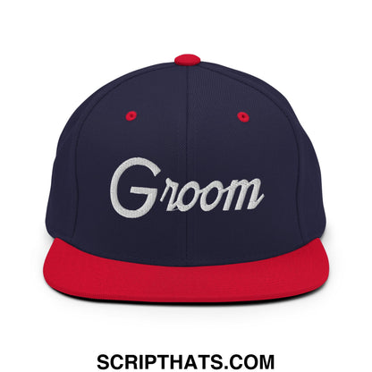 Navy blue and red groom sports script embroidered flat bill brim snapback hat with adjustable closure