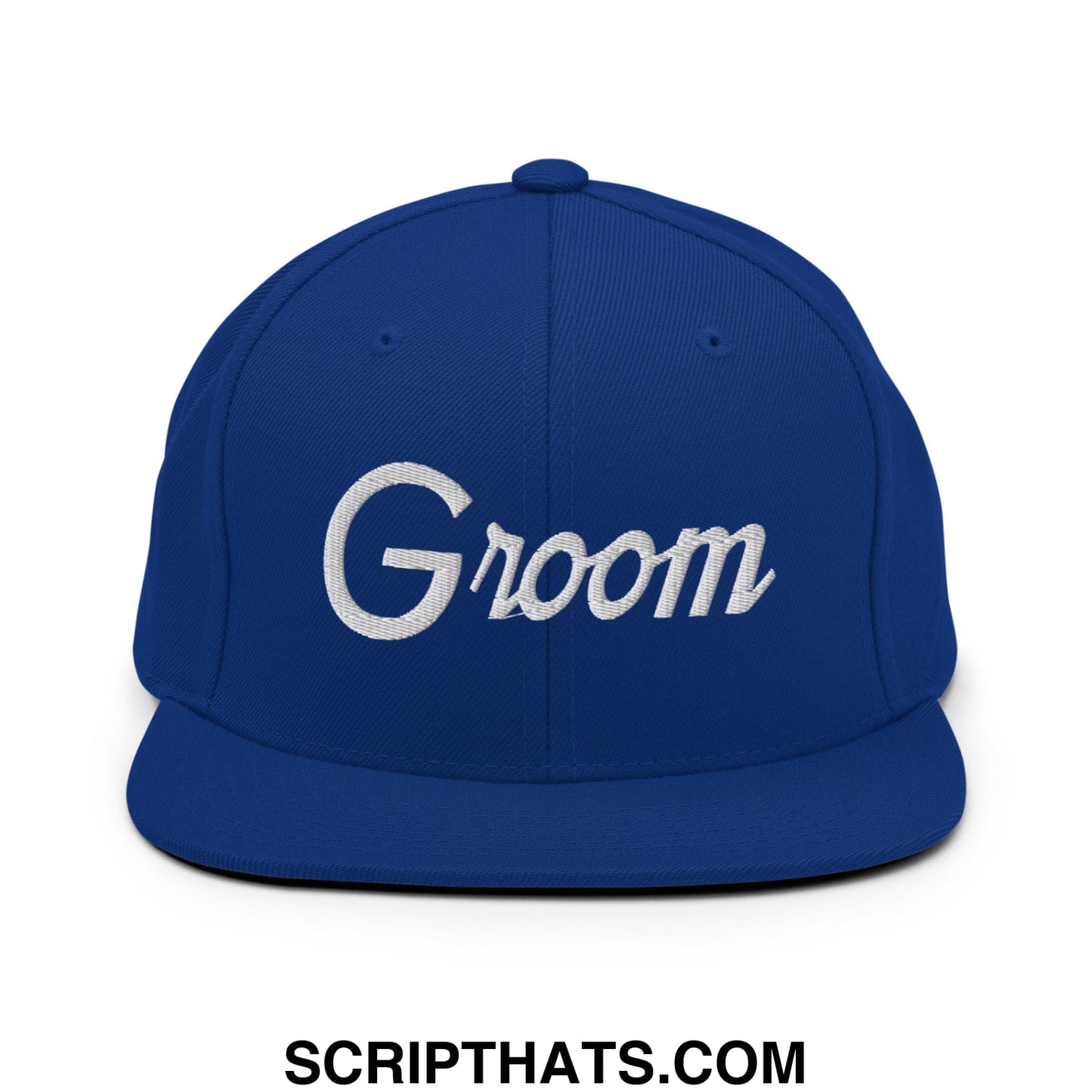 Royal blue snapback hat with white embroidered groom script and flat bill brim for sports or casual wear