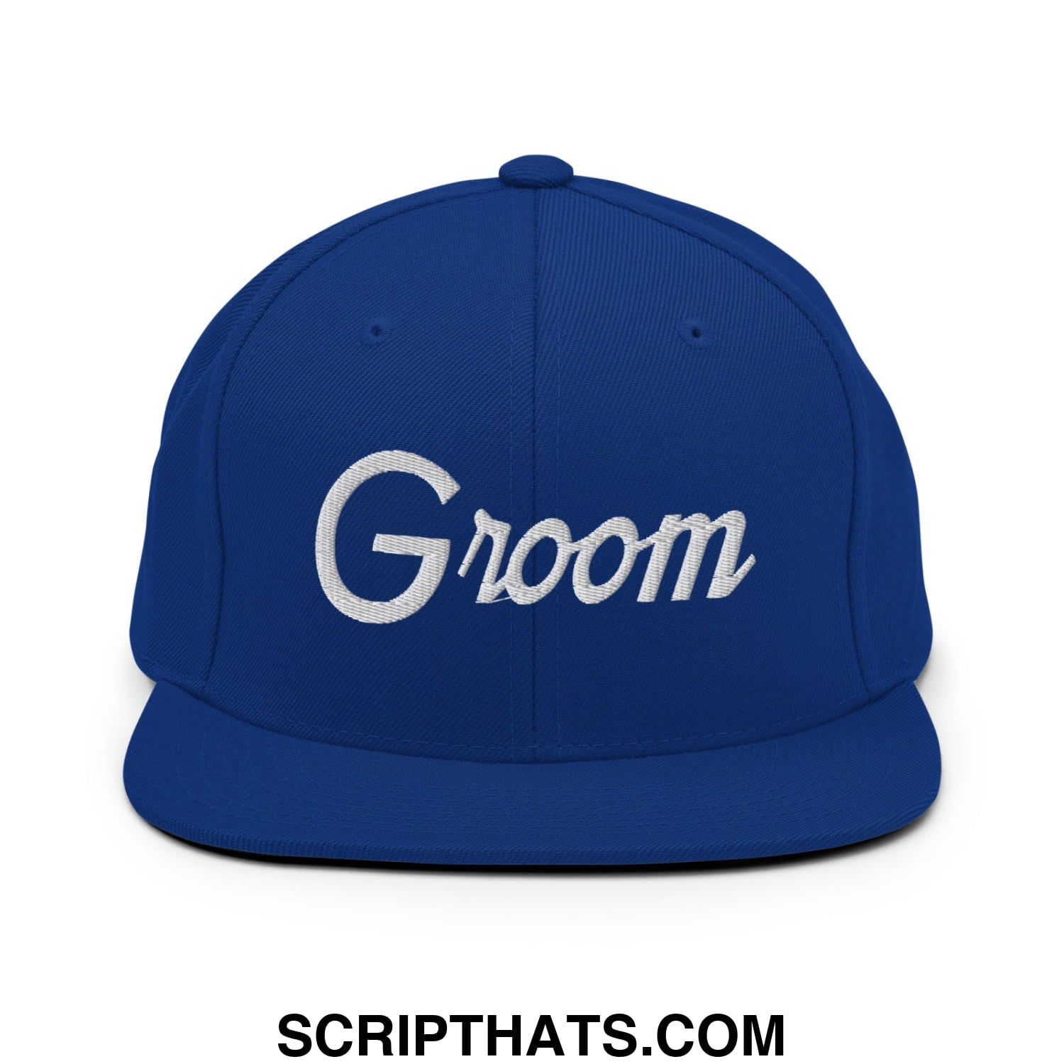 Royal blue snapback hat with white embroidered groom script and flat bill brim for sports or casual wear