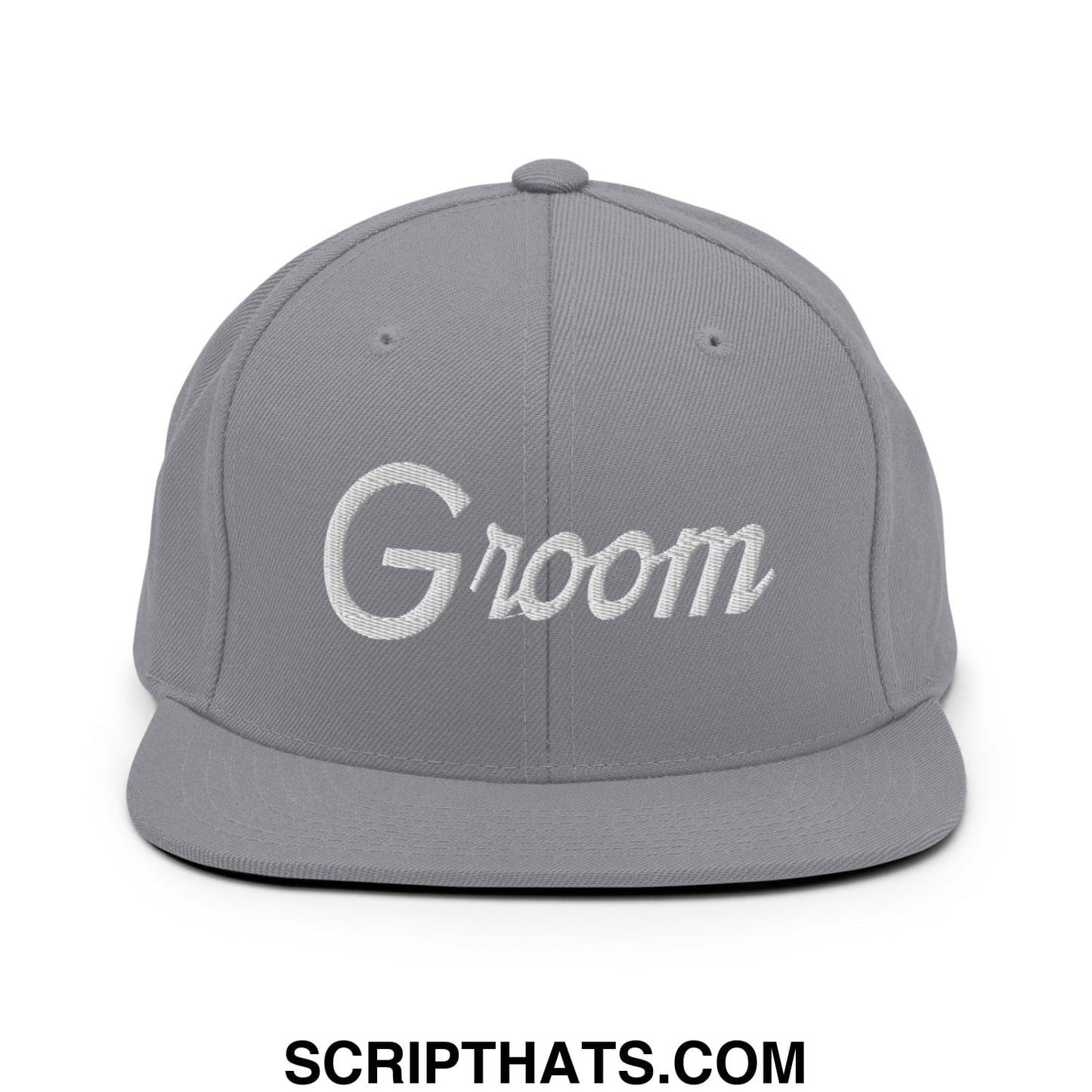 Gray snapback hat with white embroidered groom script on front and flat bill brim for sports and casual wear