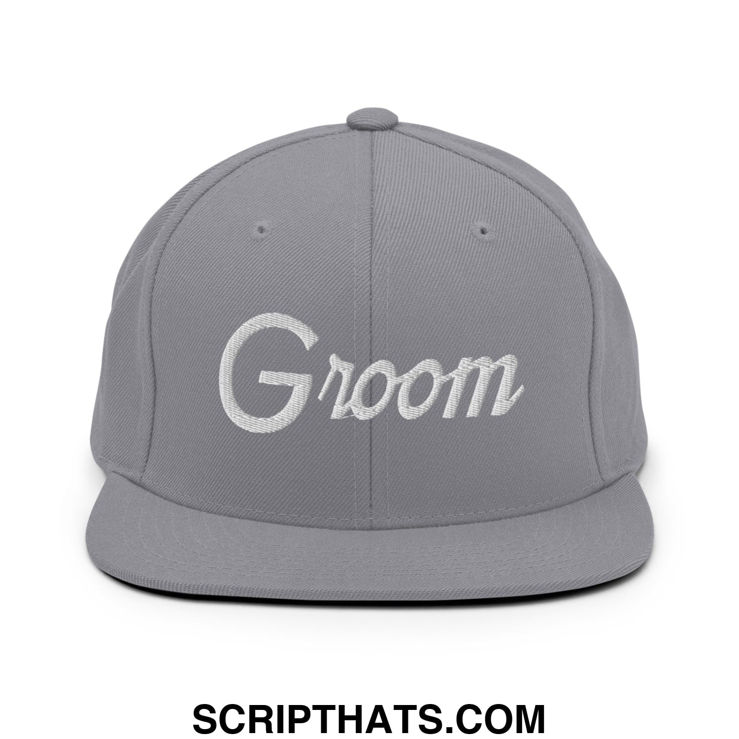 Gray snapback hat with white embroidered groom script on front and flat bill brim for sports and casual wear