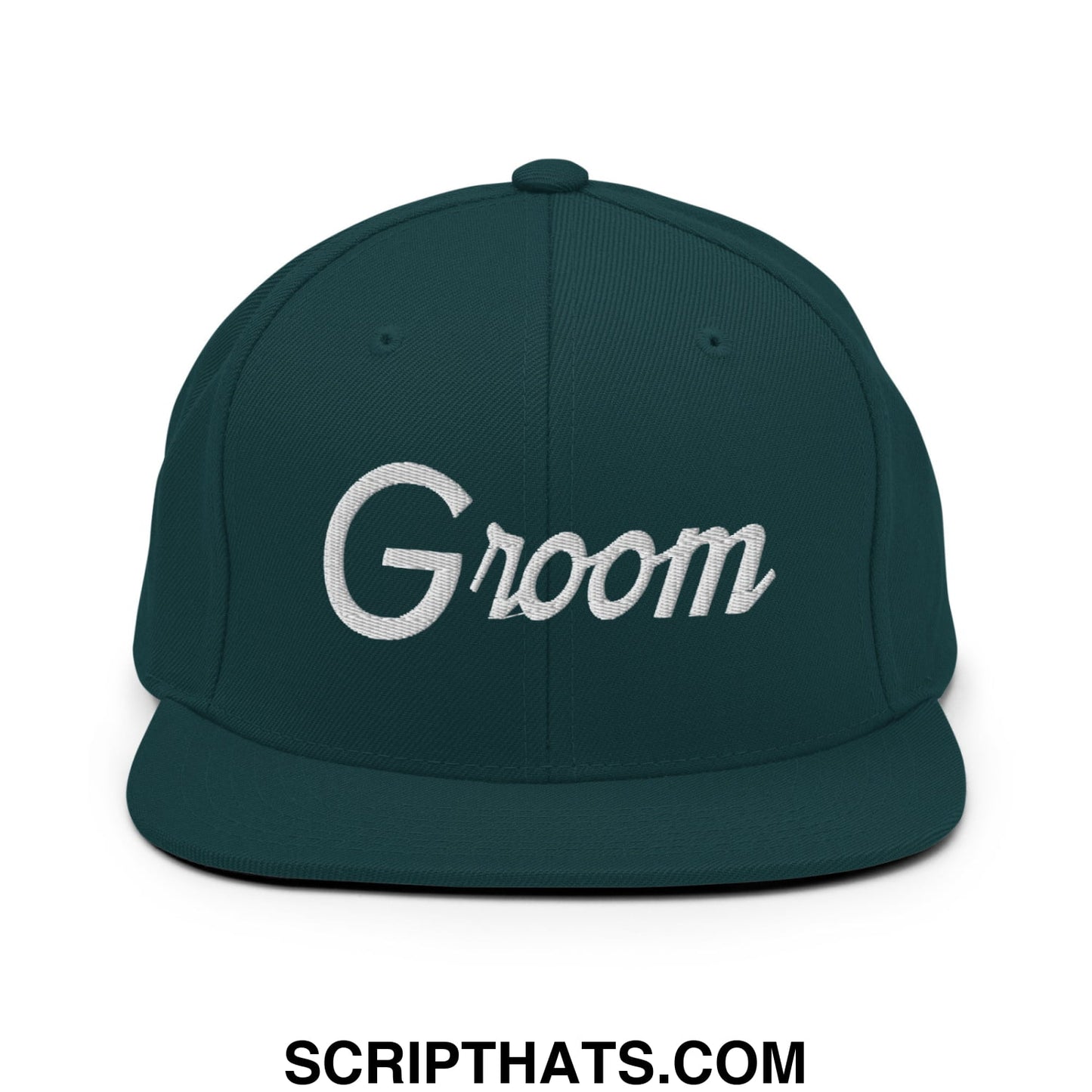 Dark green snapback hat with white embroidered groom script and flat bill brim for sports and casual wear