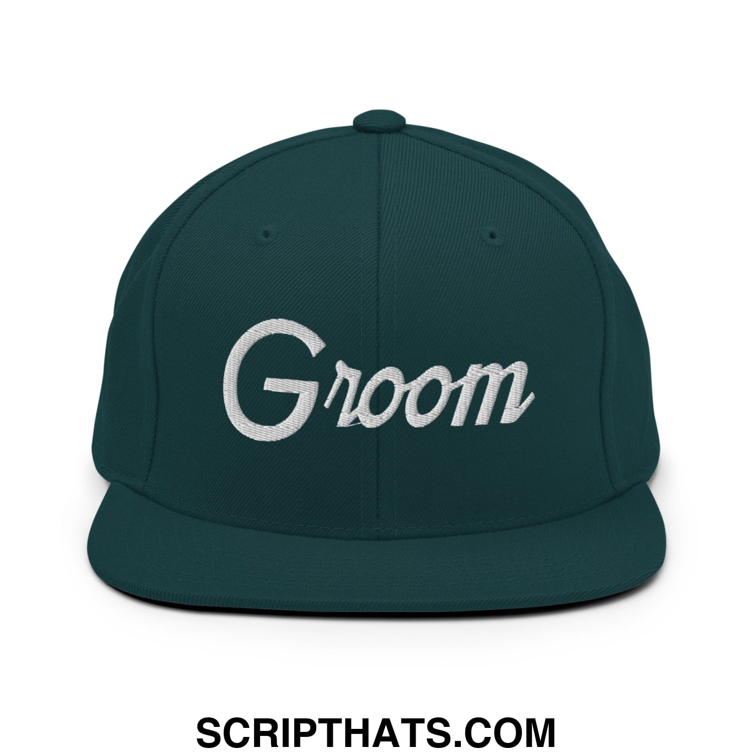 Dark green snapback hat with white embroidered groom script and flat bill brim for sports and casual wear