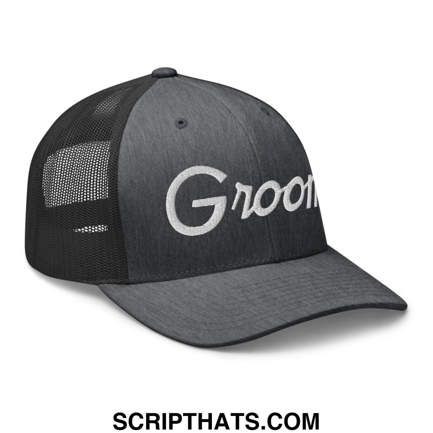 Black mesh trucker hat with white embroidered groom sports script logo on front panel for wedding wear