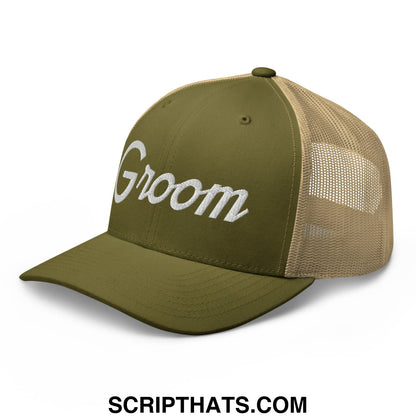 Olive green and tan mesh trucker hat with groom embroidered in white script for sports and casual wear