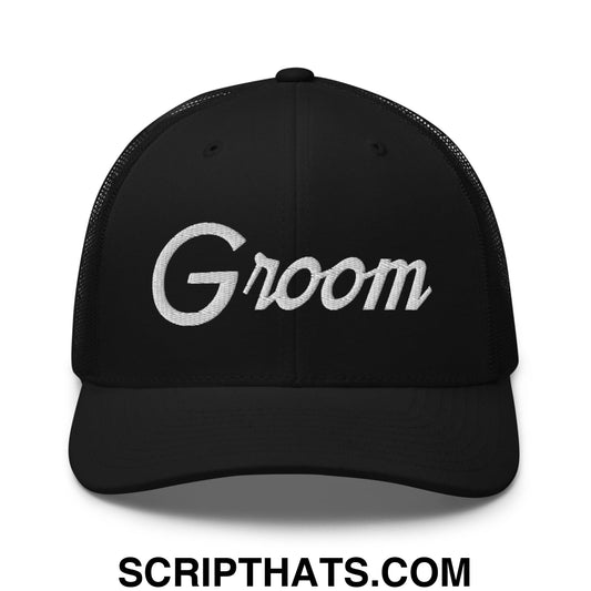 Groom Sports Script Embroidered Mesh Trucker Hat Black