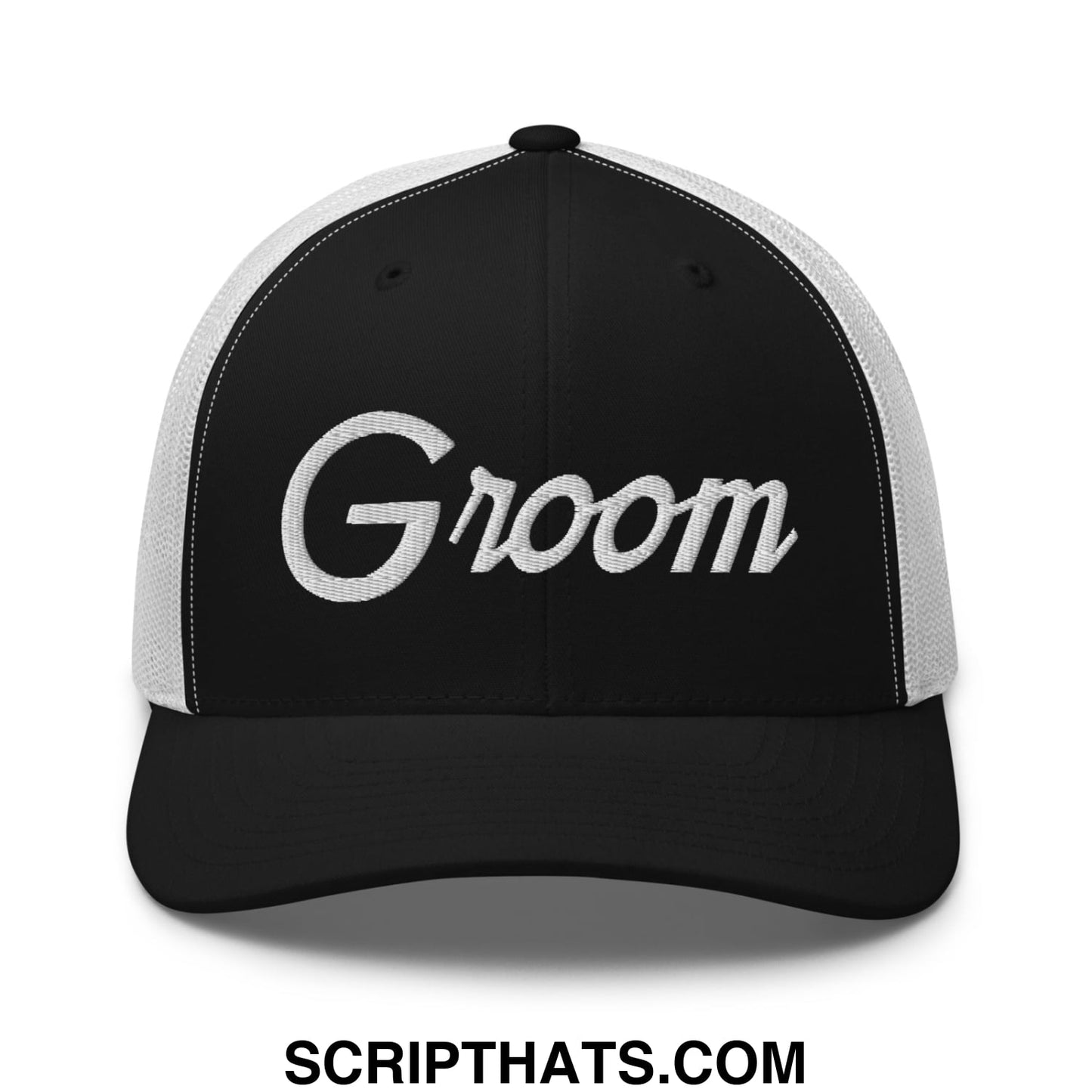 Black and white mesh trucker hat with groom embroidered in cursive sports script on the front panel