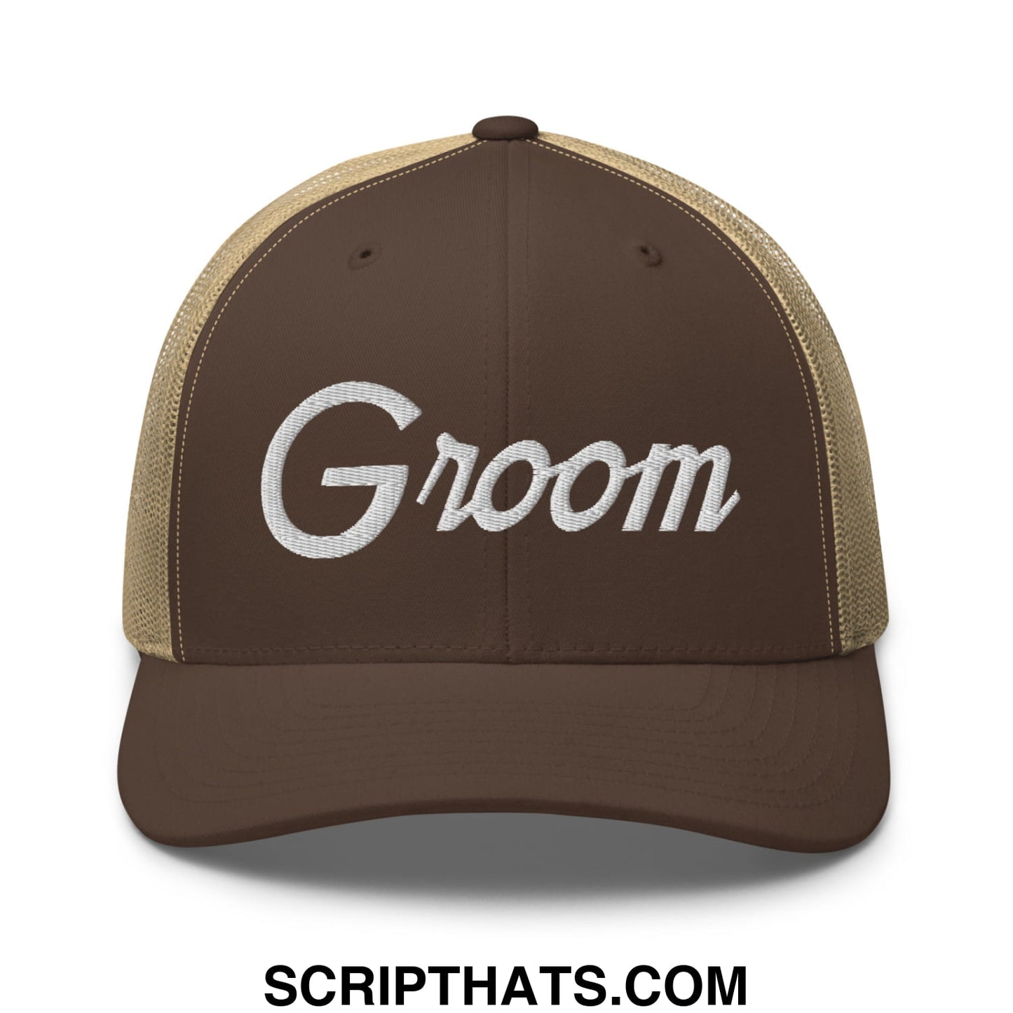 Brown and tan mesh trucker hat with groom embroidered in white script sports style