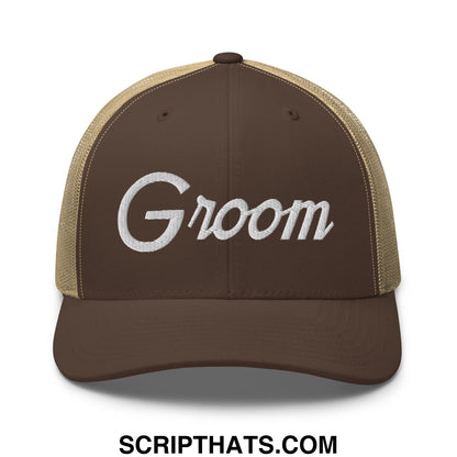 Brown and tan mesh trucker hat with groom embroidered in white script sports style