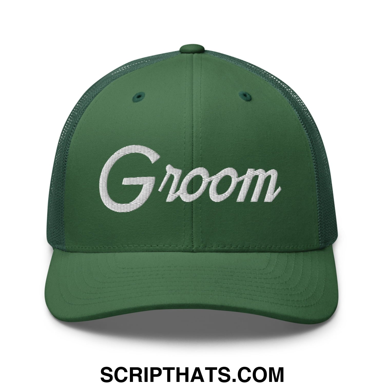 Green mesh trucker hat with white embroidered groom sports script on front for wedding or groom use