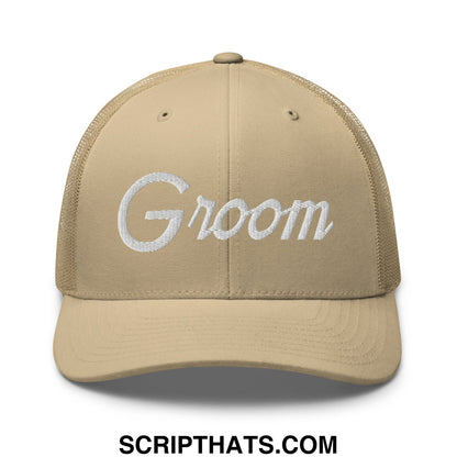 Beige mesh trucker hat with white embroidered groom script on front for wedding or sports use