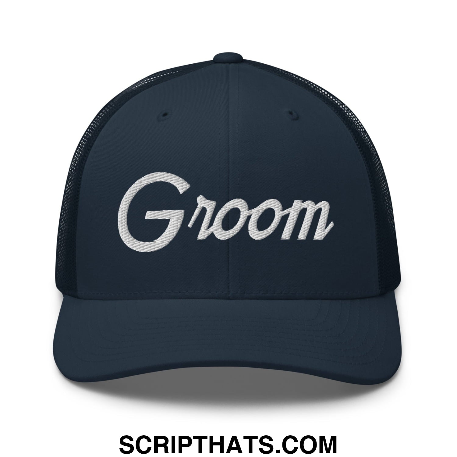 Navy blue mesh trucker hat with white embroidered groom script front in a sports style design