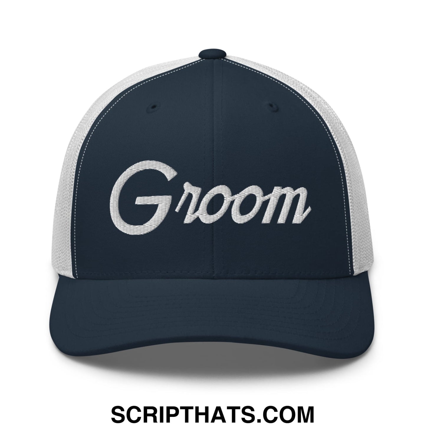 Navy blue and white mesh groom sports script embroidered trucker hat with cursive embroidery on the front panel