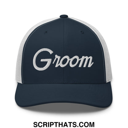 Navy blue and white mesh groom sports script embroidered trucker hat with cursive embroidery on the front panel