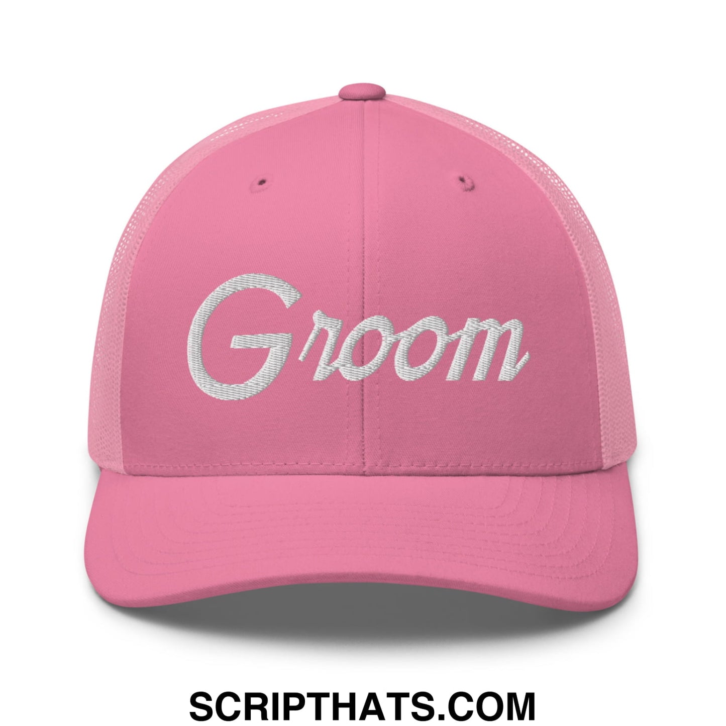 Pink mesh trucker hat with white embroidered groom lettering in a sports script style