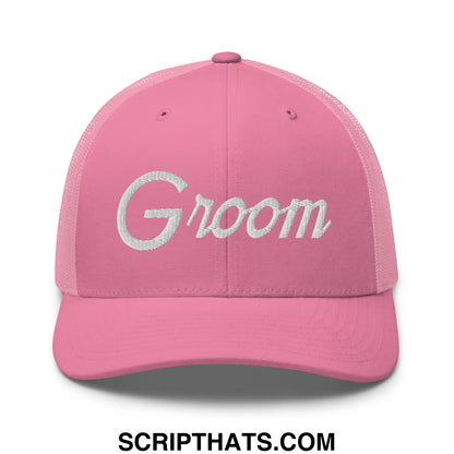 Pink mesh trucker hat with white embroidered groom lettering in a sports script style
