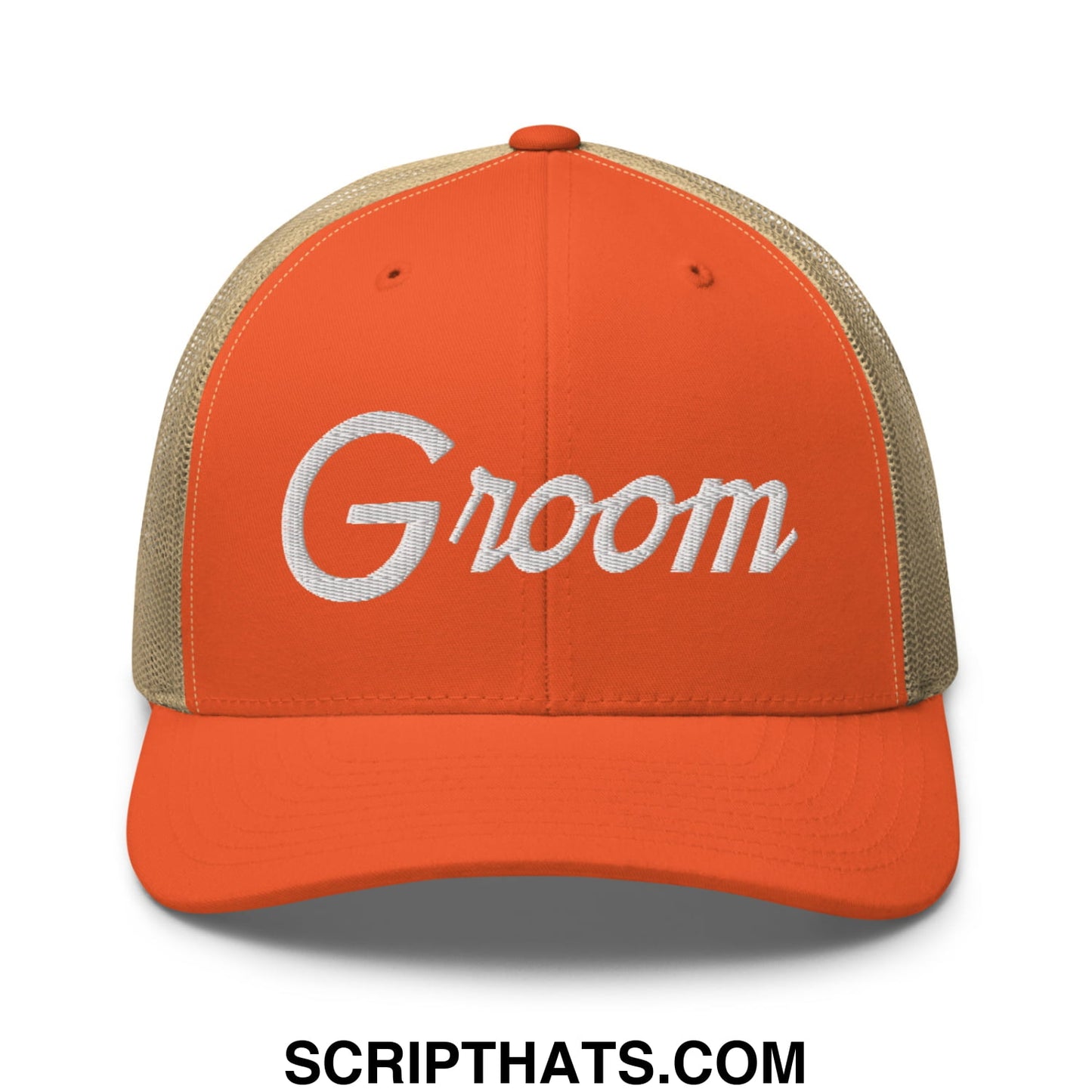 Orange and tan mesh trucker hat with groom embroidered in white script in sports script style