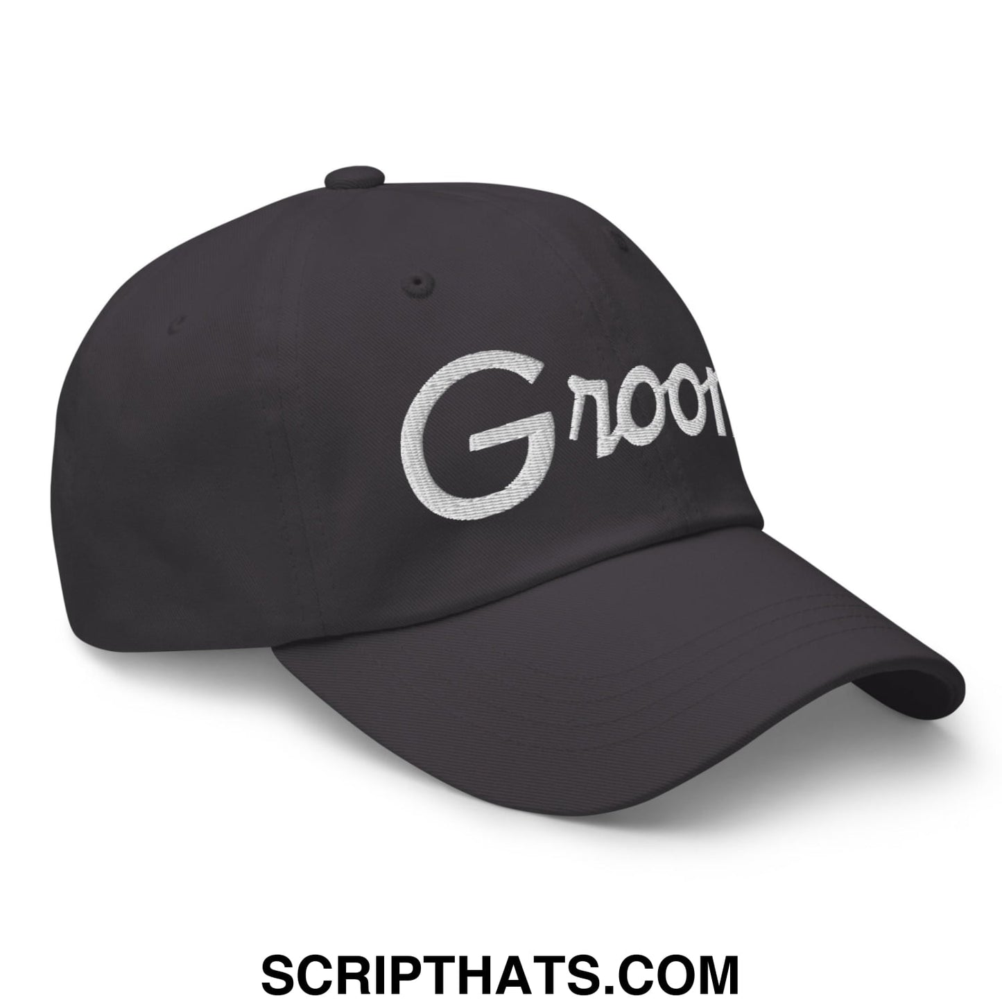 Black unstructured dad hat with white groot embroidered logo from groom sports script collection