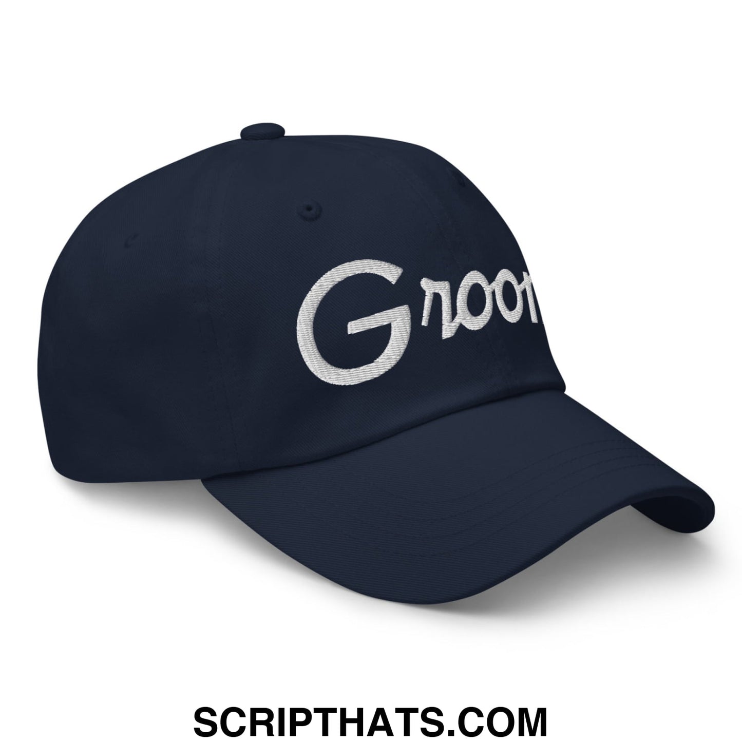 Navy blue unstructured dad hat with white embroidered groot logo from groom sports script collection