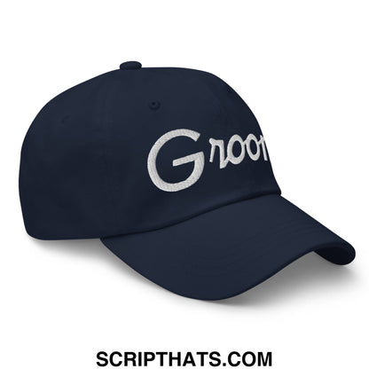 Navy blue unstructured dad hat with white embroidered groot logo from groom sports script collection