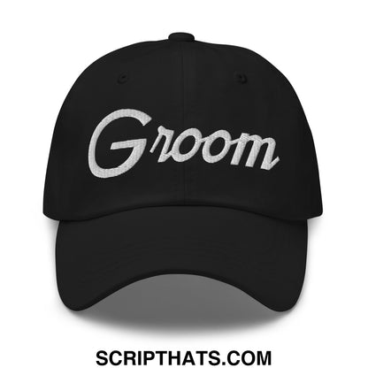 Black unstructured dad hat with white embroidered groom sports script perfect for wedding wear