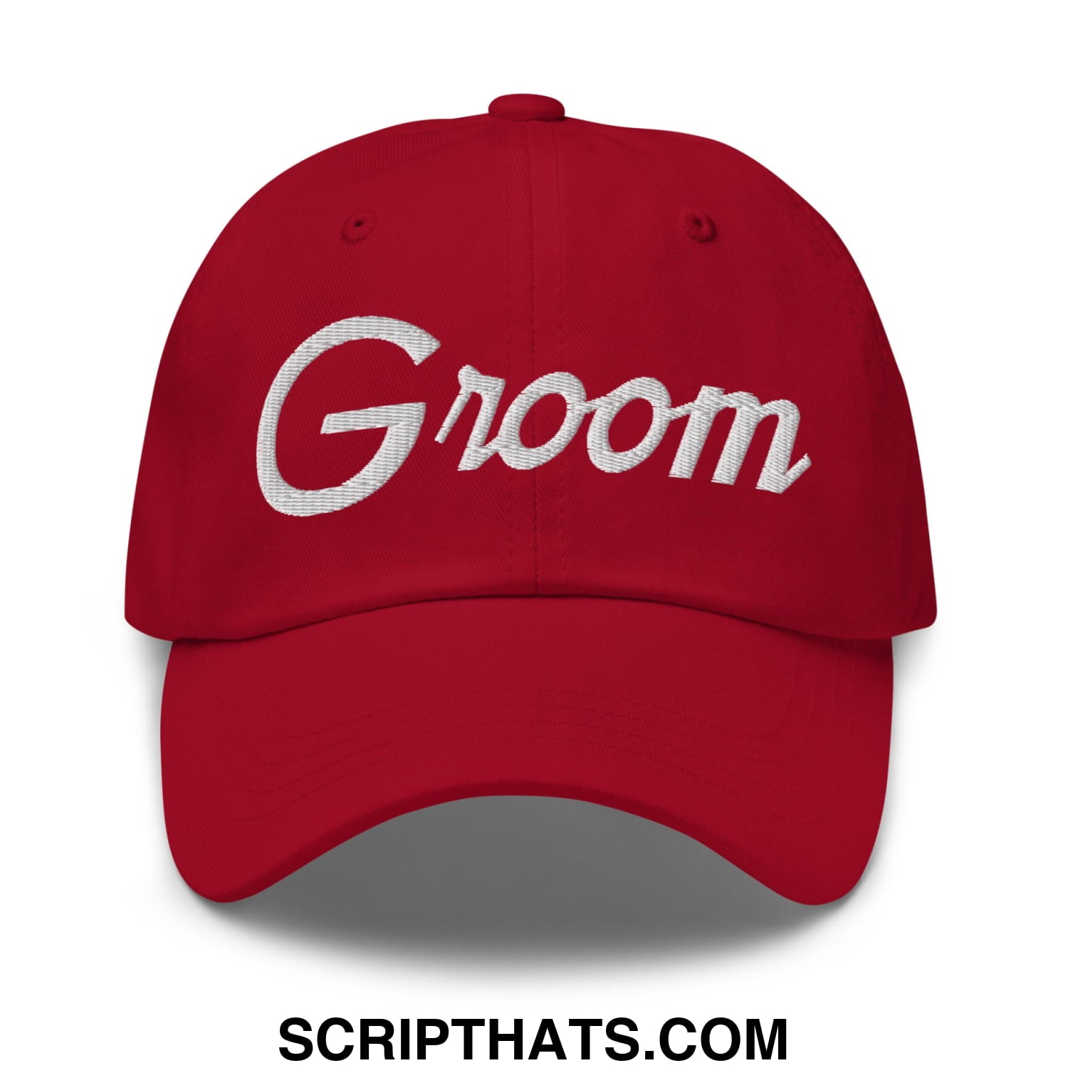 Red unstructured dad hat with white embroidered groom sports script designed for wedding wear