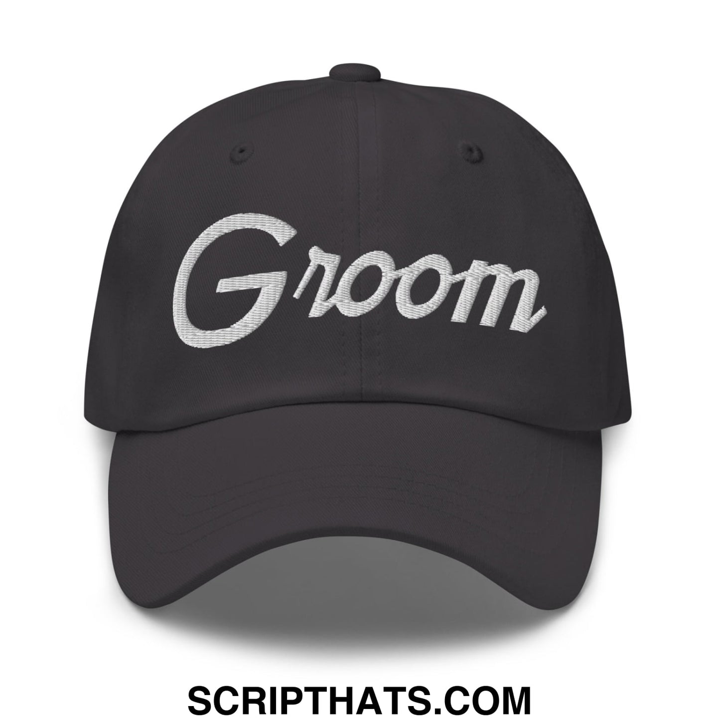 Black unstructured dad hat with groom embroidered in white script sports design for wedding use