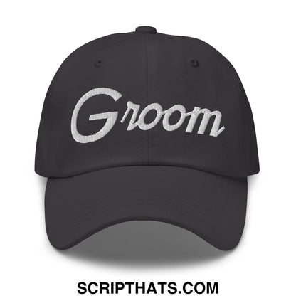 Black unstructured dad hat with groom embroidered in white script sports design for wedding use
