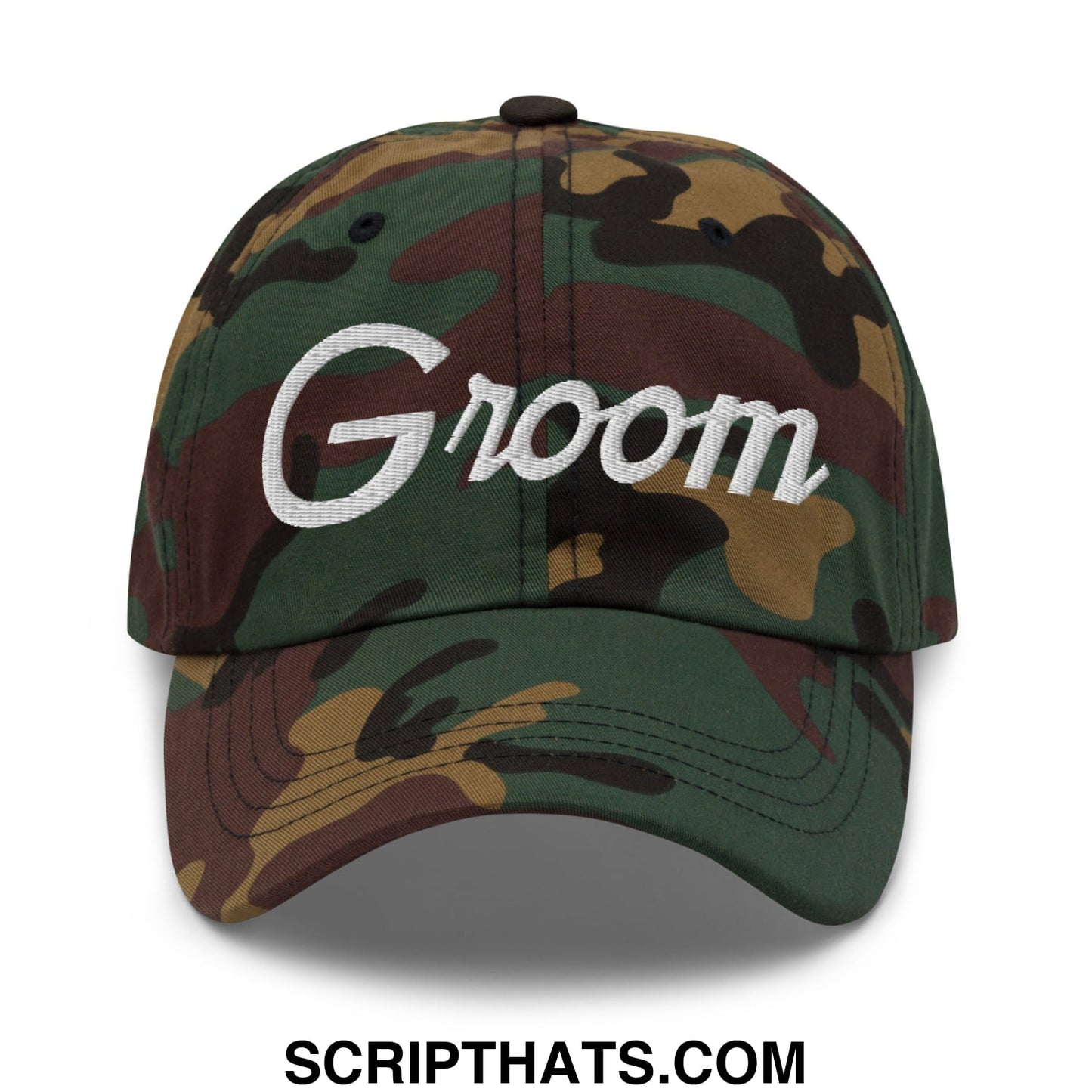 Camouflage pattern groom sports script embroidered unstructured dad hat in a baseball cap style