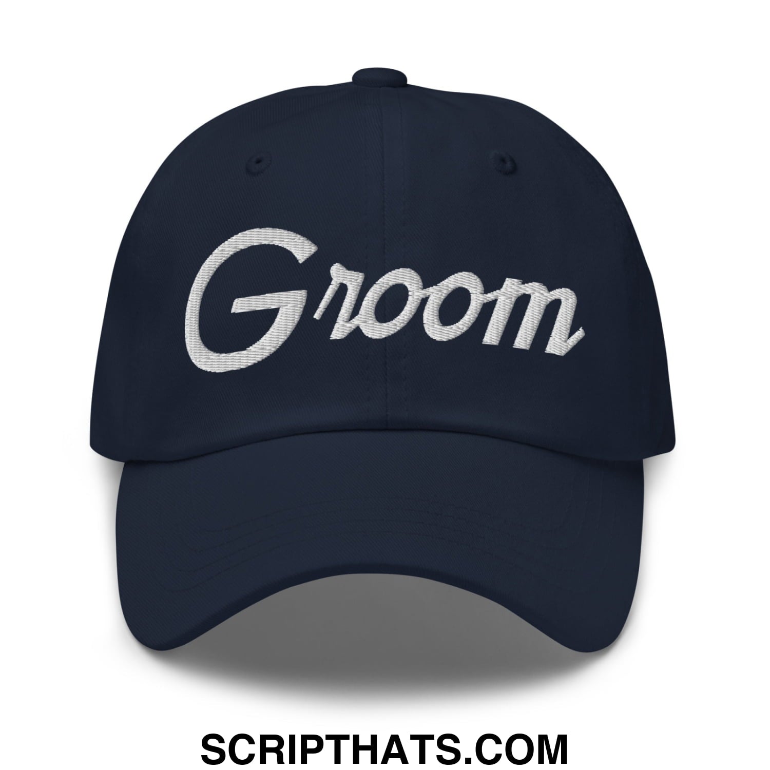 Navy blue unstructured dad hat with white embroidered groom sports script across the front for wedding use