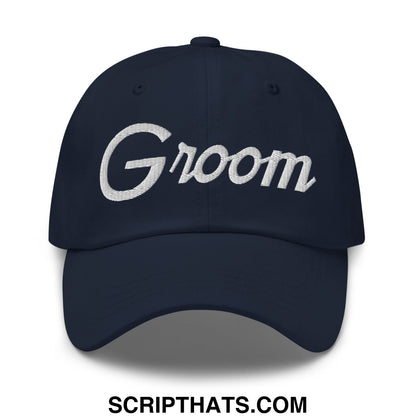 Navy blue unstructured dad hat with white embroidered groom sports script across the front for wedding use