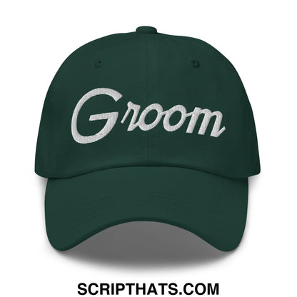 Dark green unstructured dad hat with white embroidered groom sports script on front for wedding occasions