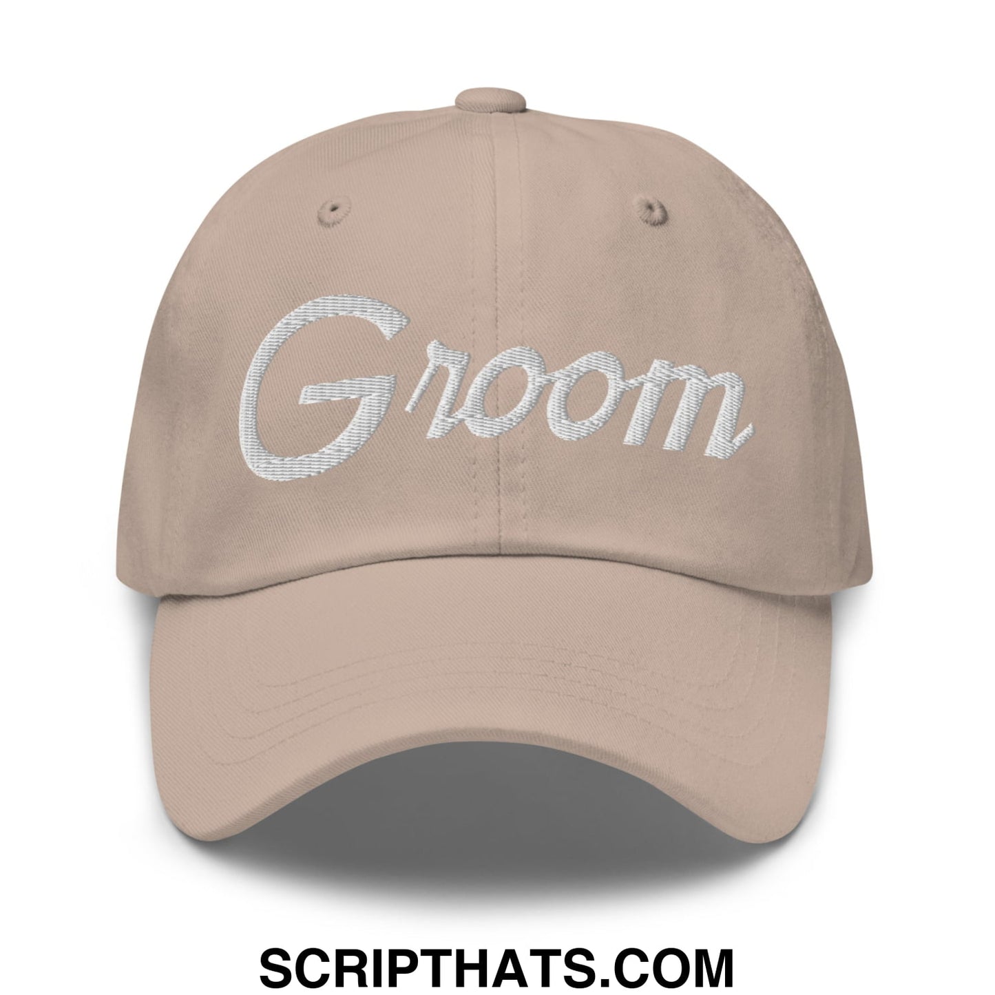Beige unstructured dad hat with white embroidered groom sports script perfect for wedding day wear