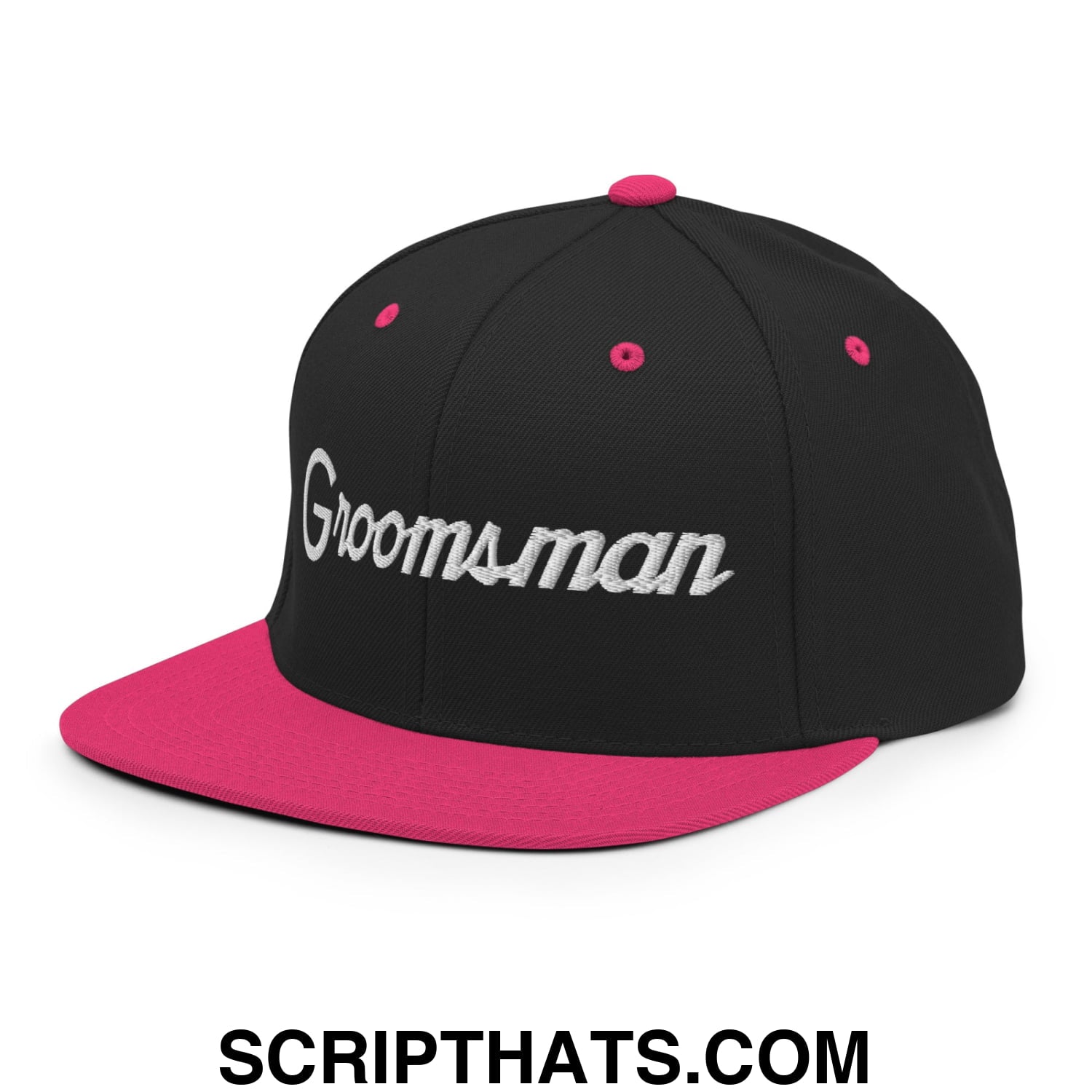 Black and pink snapback cap with silver embroidered groomsman script sports flat bill brim hat